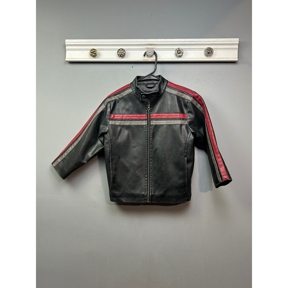 Whispering Smith Jacket Kids 5 Black Red Racing Stripe‎ Faux Leather Cafe Racer